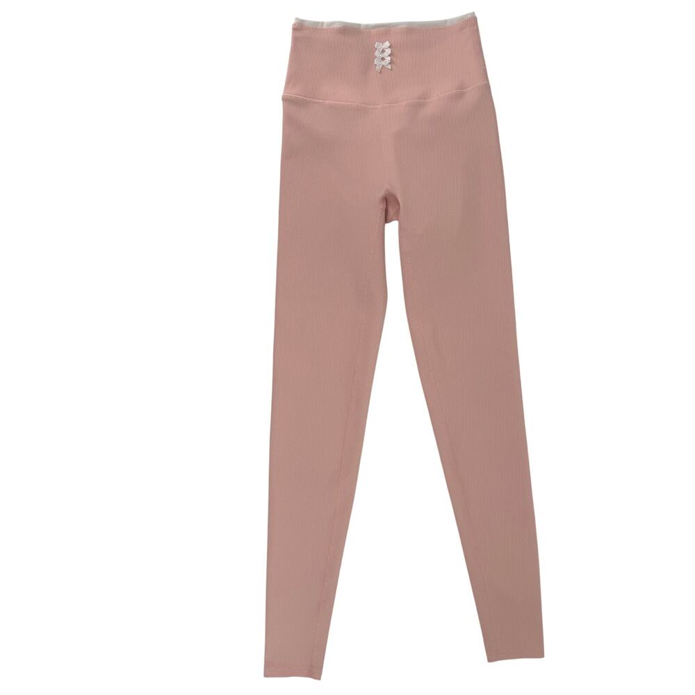 Astoria Activewear Pink Ribbed High Waisted Leggings Size Small Pink White Bows